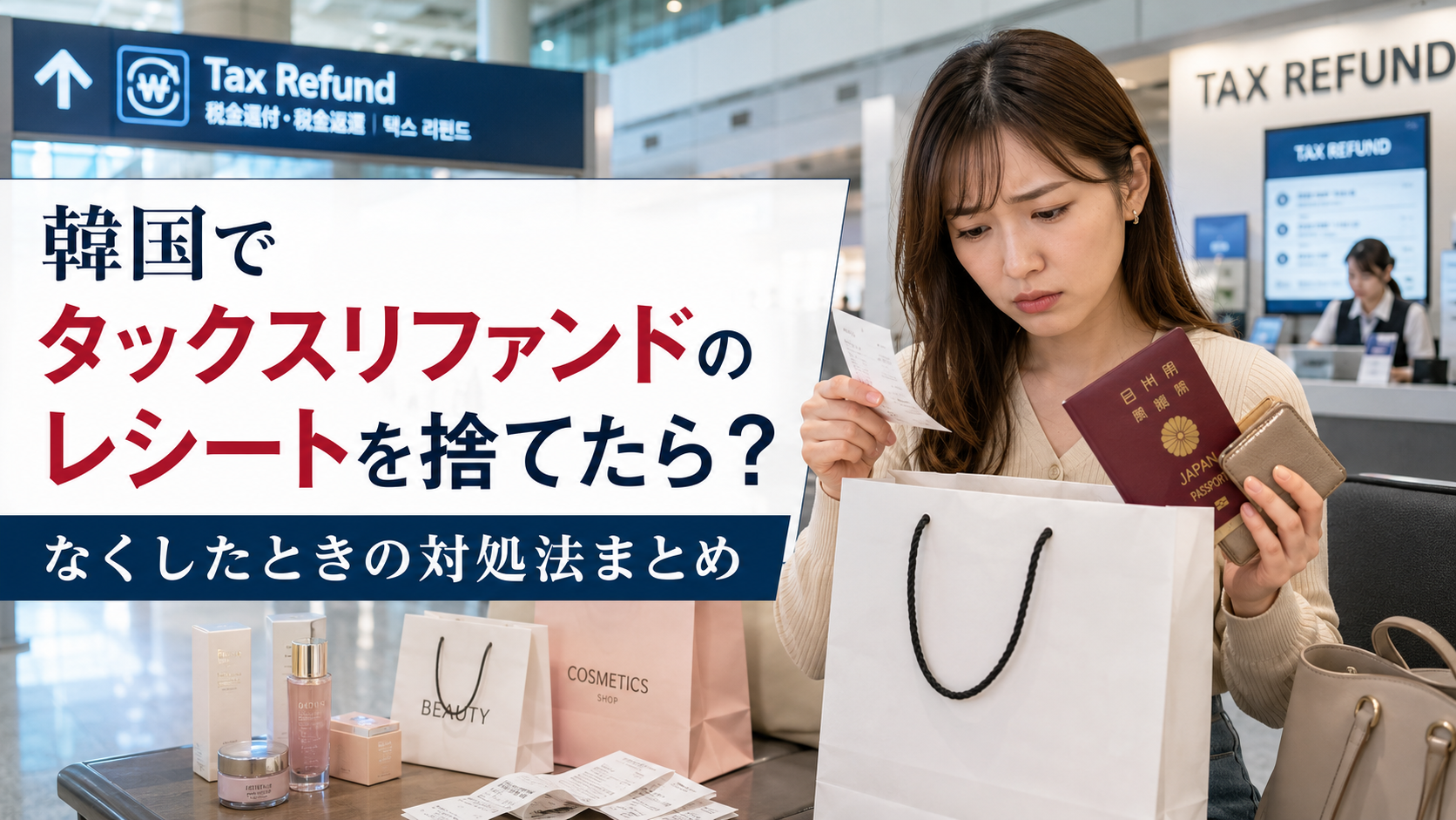 韓国でタックスリファンドのレシートをなくして困っている日本人女性旅行者のイメージ