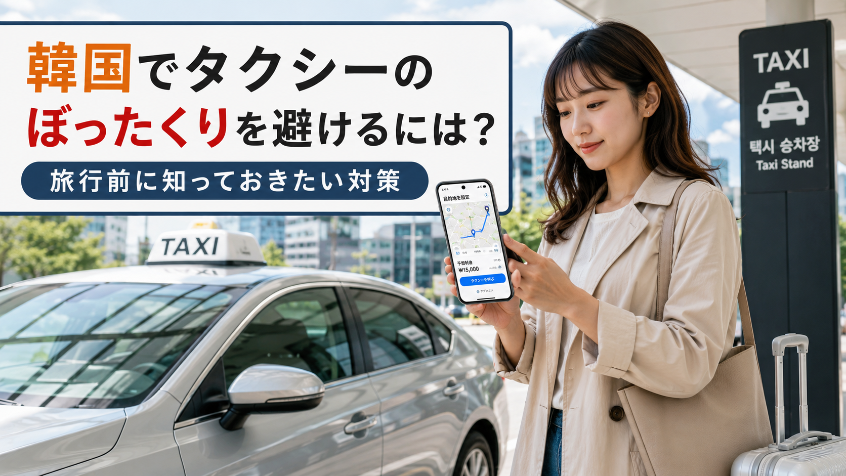 韓国でタクシーのぼったくりを避けるために配車アプリを確認する日本人女性旅行者