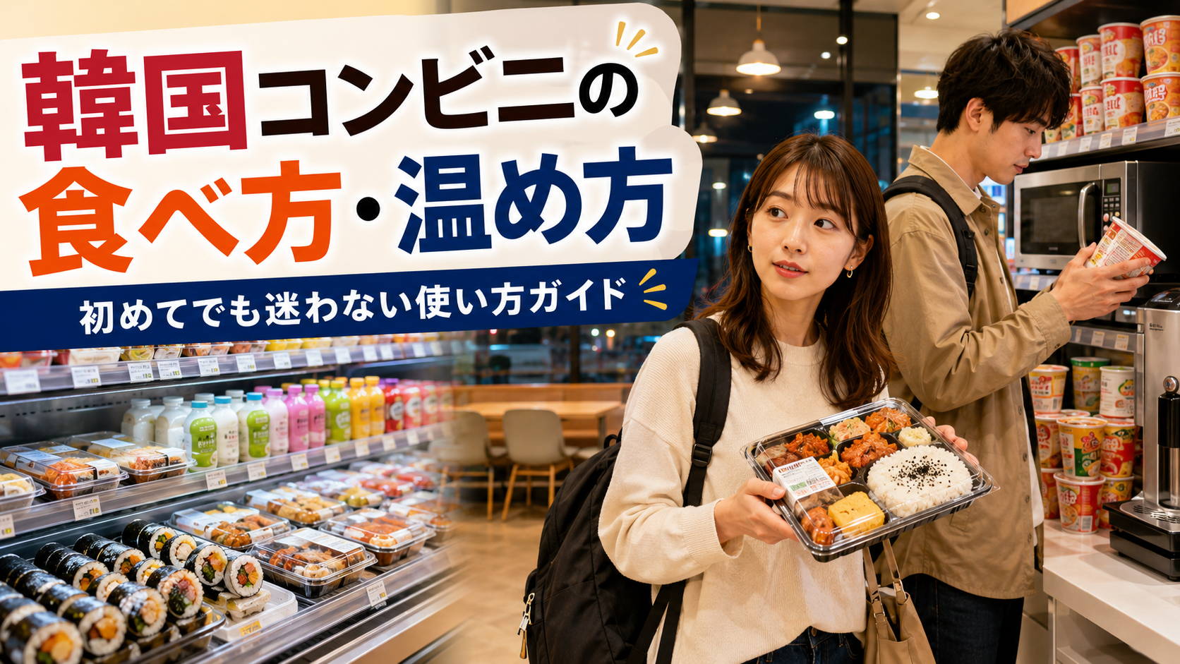韓国コンビニの食べ方・温め方を紹介するブログ用サムネイル。日本人旅行者が韓国のコンビニで弁当とカップ麺を選んでいる様子