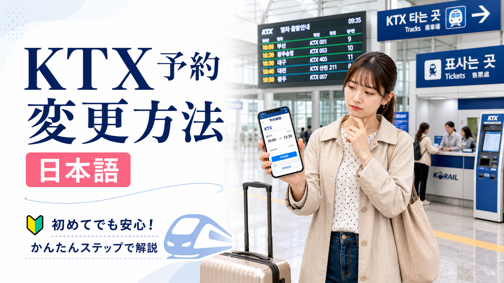 KTX予約変更方法を日本語で解説する韓国鉄道駅の旅行イメージ