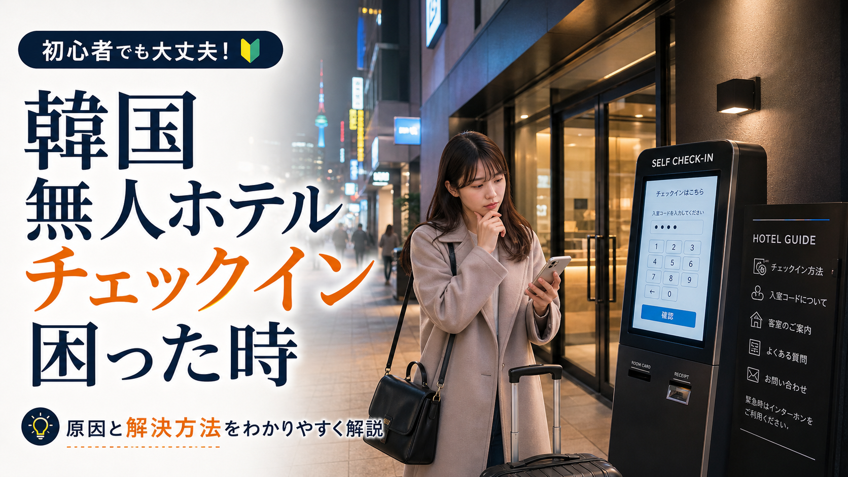 韓国の無人ホテルでチェックインに困った時の対処法を紹介する旅行イメージ