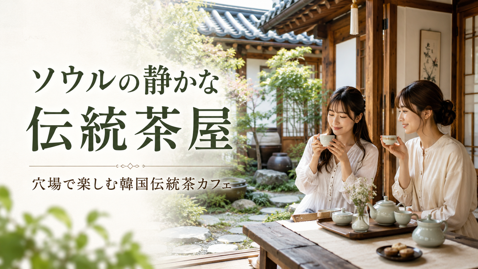 ソウルの静かな伝統茶屋を紹介する旅行ブログのアイキャッチ画像。韓屋スタイルの茶屋で日本人女性2人が韓国伝統茶を楽しんでいる様子