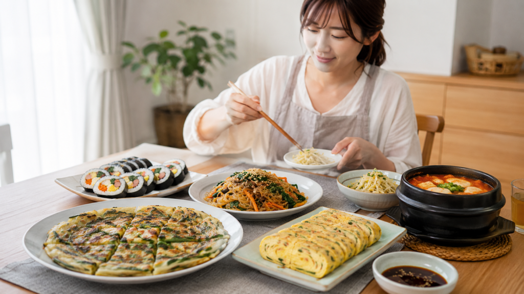 初心者でも作りやすい韓国の家庭料理、にらチヂミ、キンパ、チャプチェ、韓国風卵焼き、スンドゥブ風スープの食卓