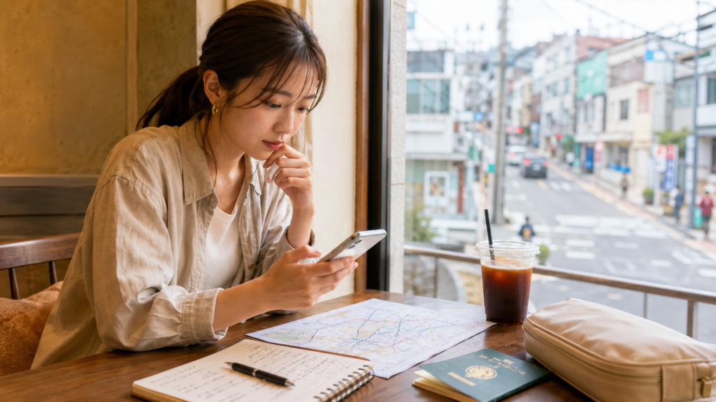 釜山でコンサート遠征の宿泊エリアを比較する日本人女性旅行者