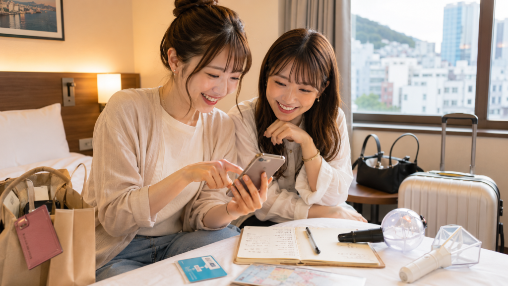 釜山公演遠征のホテル代を節約する日本人女性旅行者のイメージ