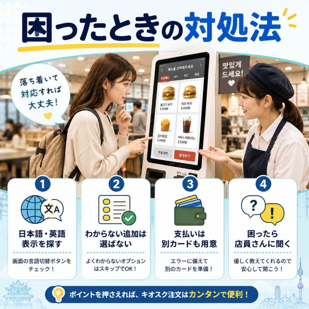 韓国のキオスク注文で困ったときの対処法を分かりやすく紹介した画像