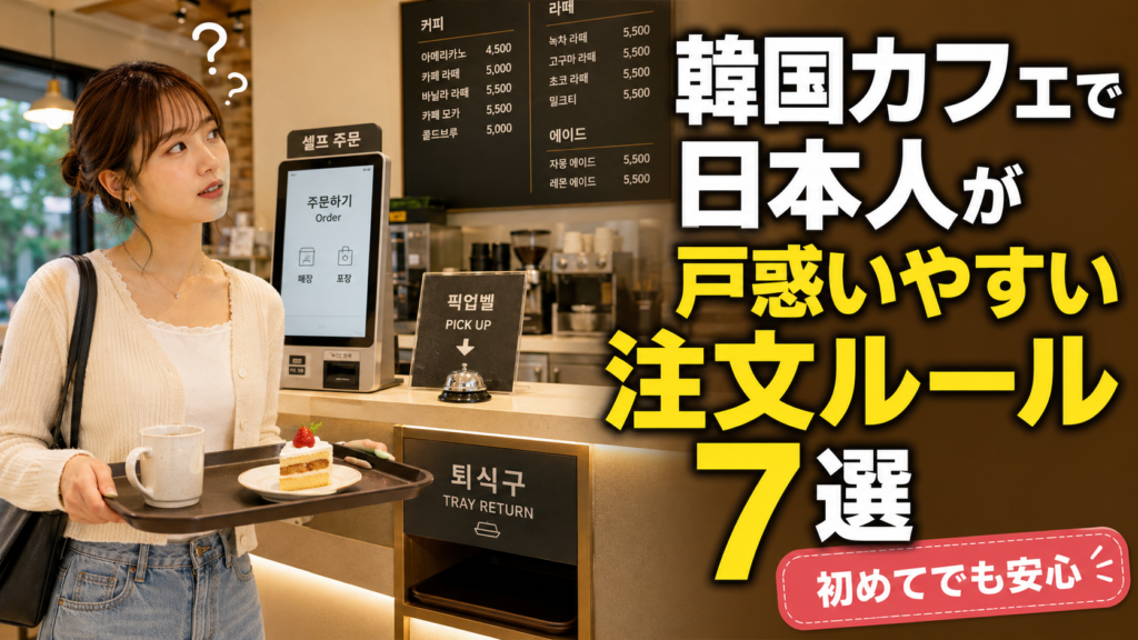 韓国カフェで先に注文するか席を取るか迷う日本人旅行者の様子