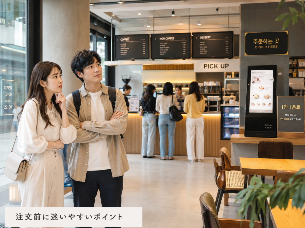 韓国カフェで先に注文するか席を取るか迷う日本人旅行者の様子