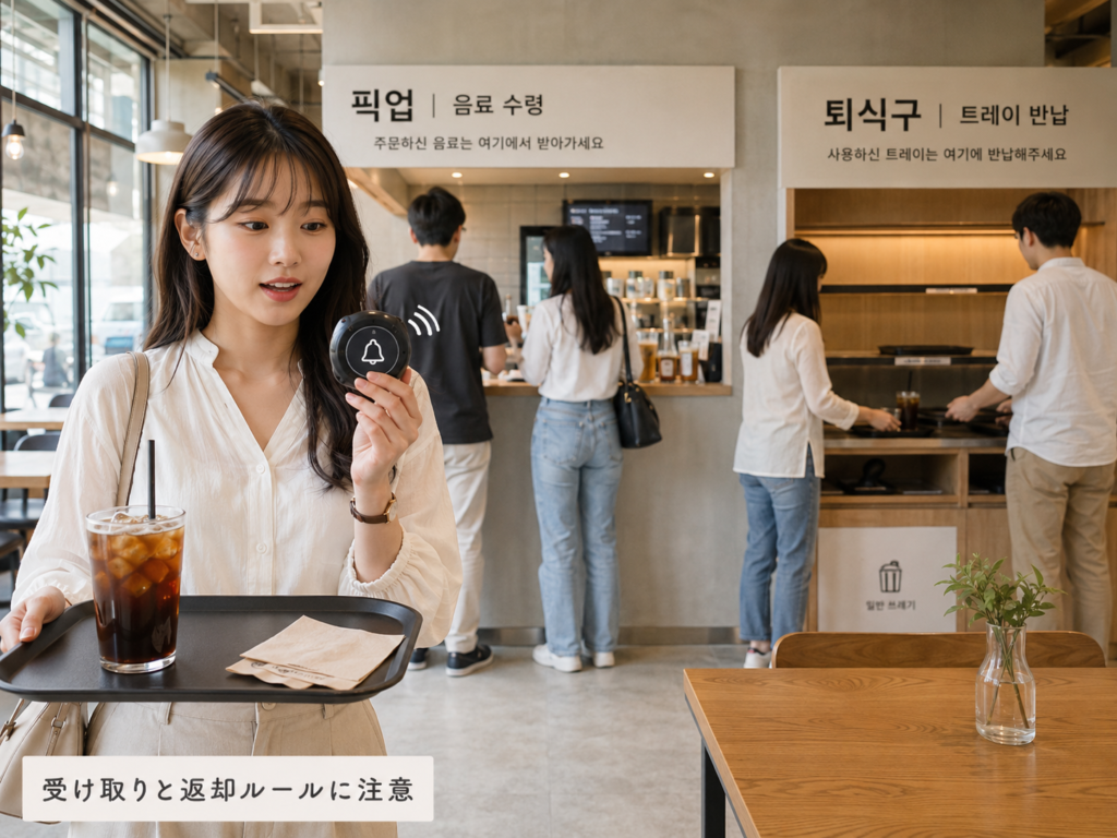 韓国カフェで呼び出しベルと返却台のルールに気づく日本人女性