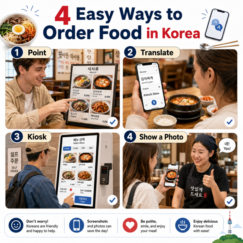 Four easy ways to order food in Korea including pointing, translation apps, kiosks, and menu photos