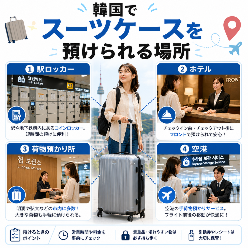 韓国でスーツケースを預けられる場所をわかりやすくまとめた画像