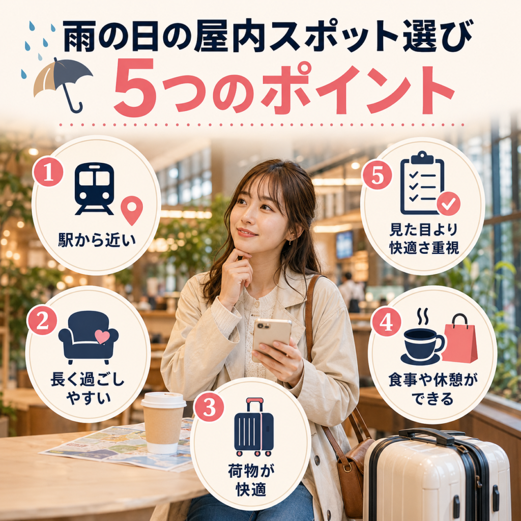韓国旅行で雨の日の屋内スポットを選ぶ5つのポイントを説明する画像