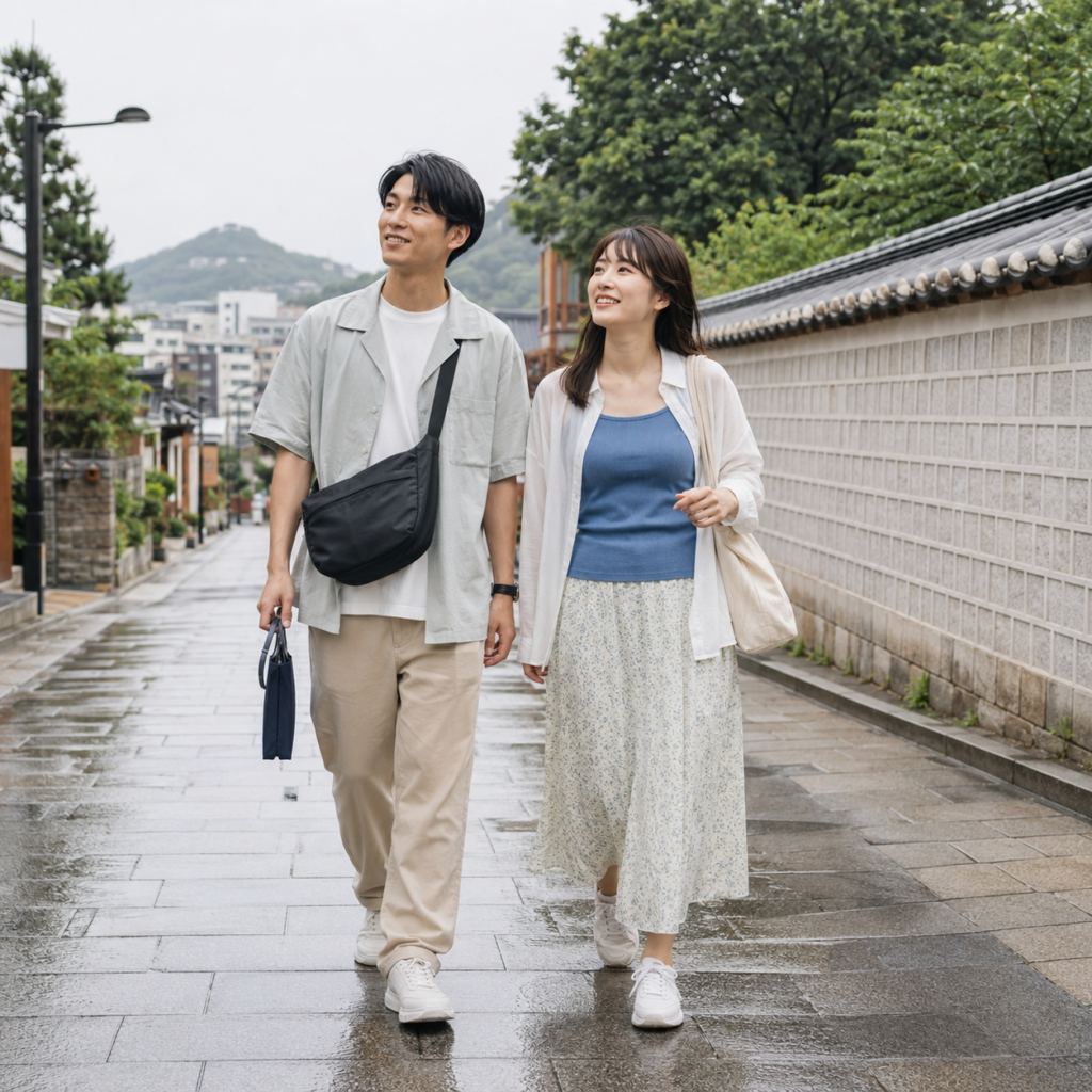 7月の韓国旅行に合う梅雨時期の服装で街歩きを楽しむ日本人旅行者のイメージ