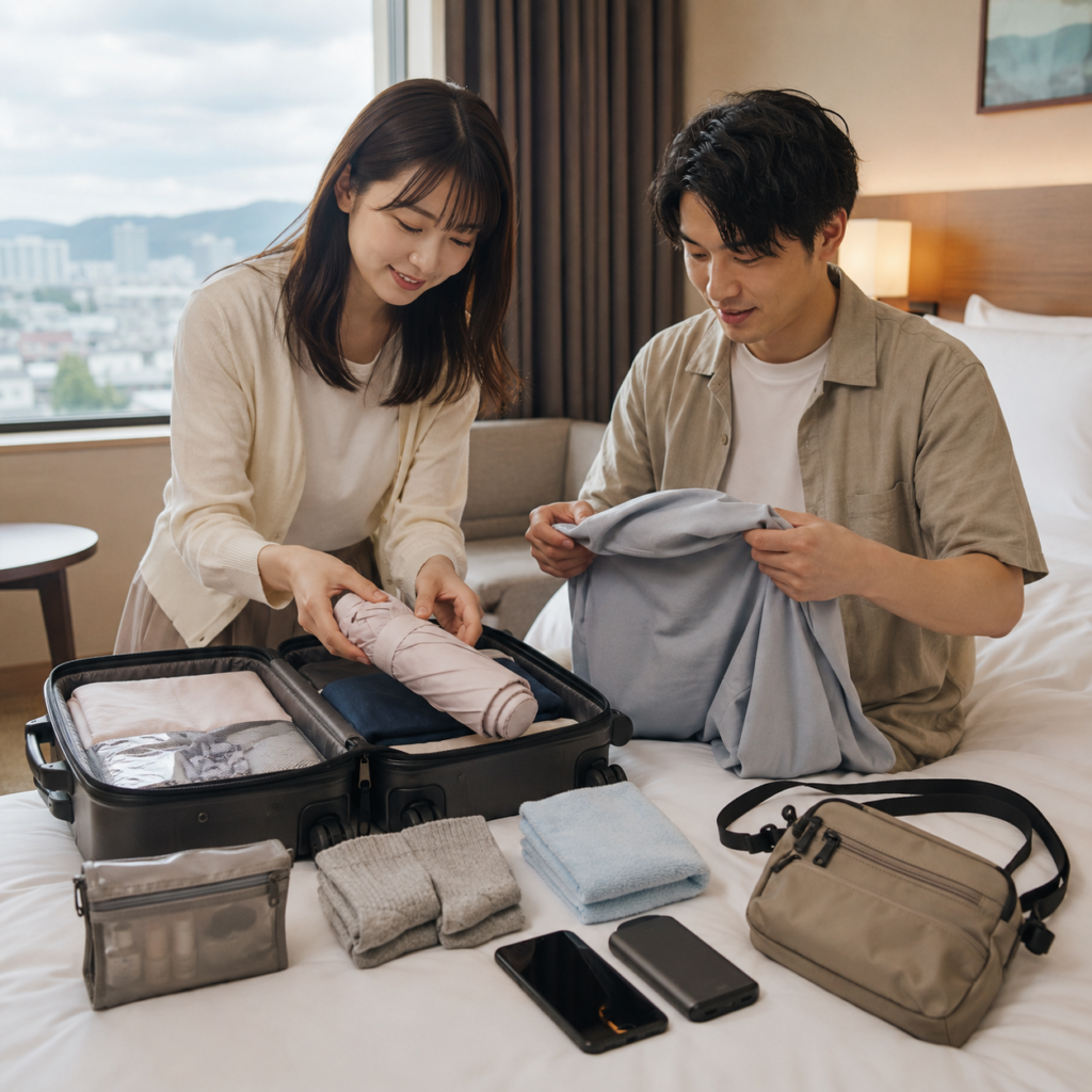 韓国の梅雨シーズン旅行で持っていくと便利な持ち物を準備している日本人旅行者のイメージ