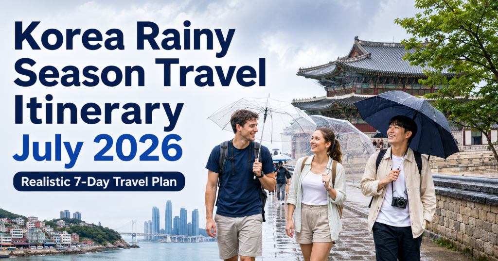 Foreign travelers exploring South Korea during the rainy season in July 2026 for a realistic travel itinerary blog post