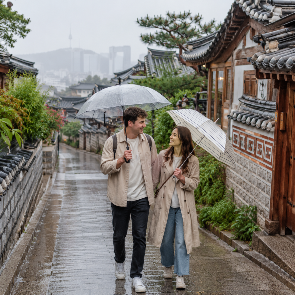 Foreign travelers sightseeing in Korea on a rainy day at a scenic cultural area during the summer monsoon season
