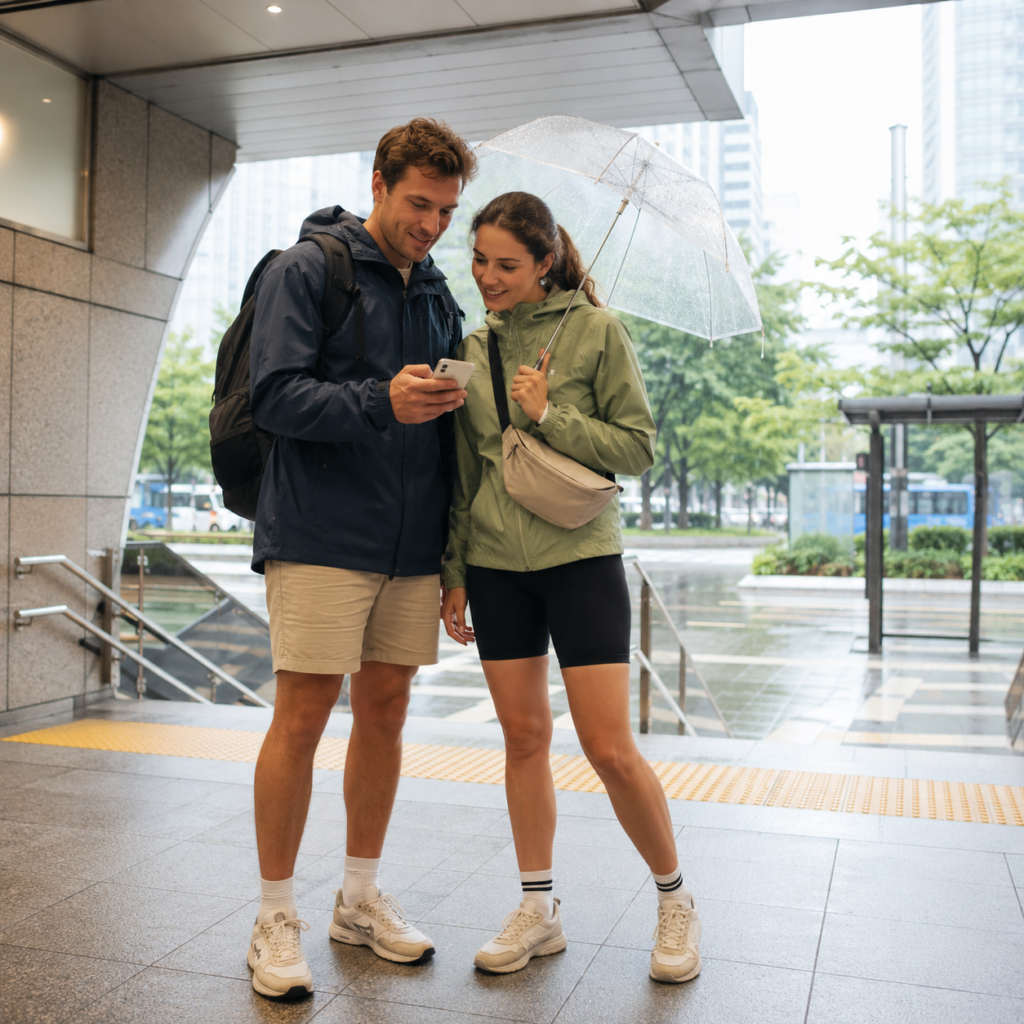 Foreign travelers using practical rainy season travel tips in Korea at a train station or covered city area