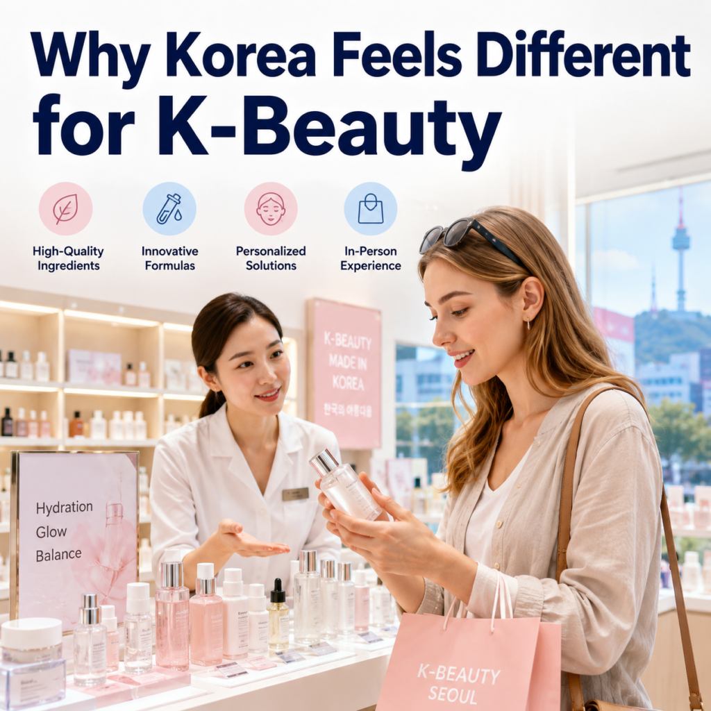 Foreign woman experiencing Korean beauty shopping in Seoul