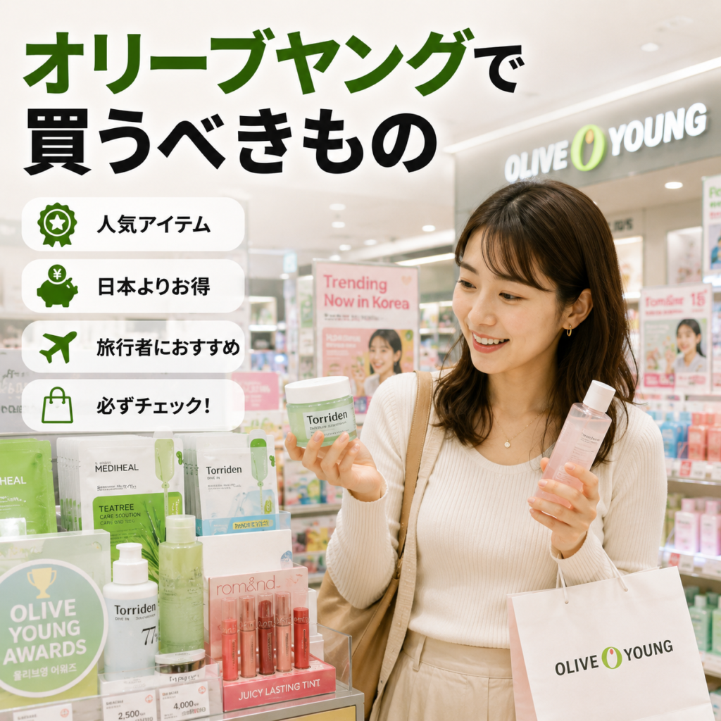 韓国のオリーブヤングで買うべき人気商品を選んでいる日本人女性のイメージ