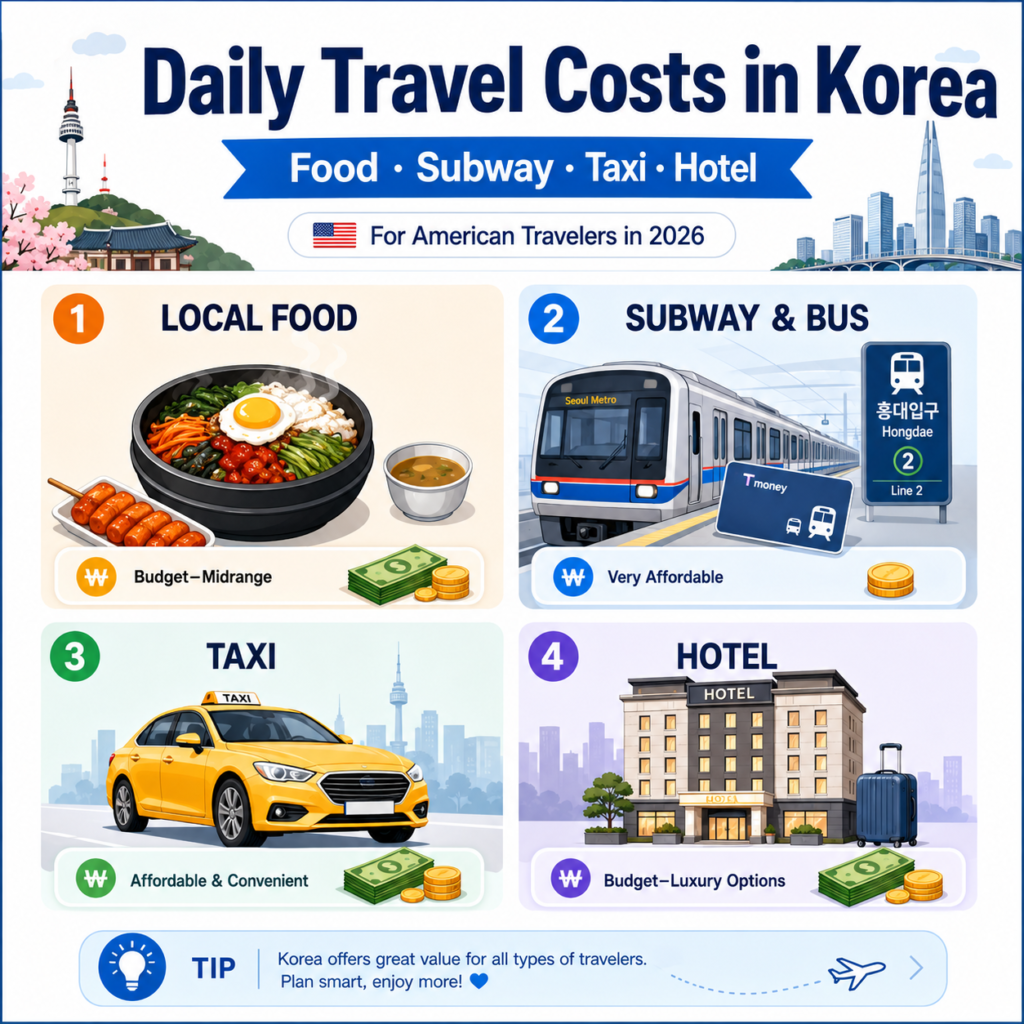 Daily travel costs in Korea for food subway taxi and hotels in 2026