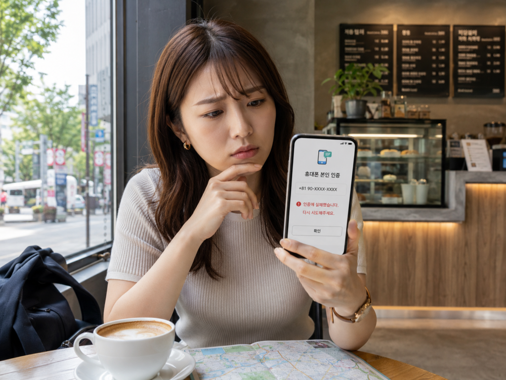 韓国旅行中に予約アプリの問題をホテルで相談している日本人旅行者