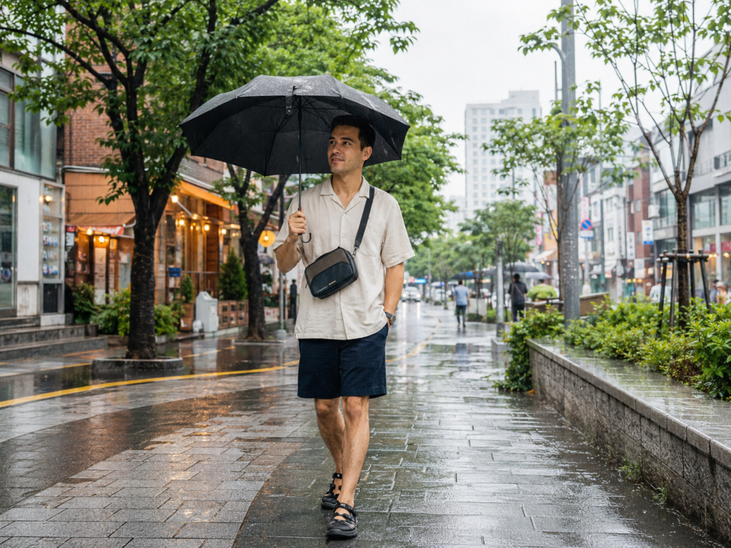 Foreign traveler walking in Seoul during summer rain with a compact umbrella and breathable clothing