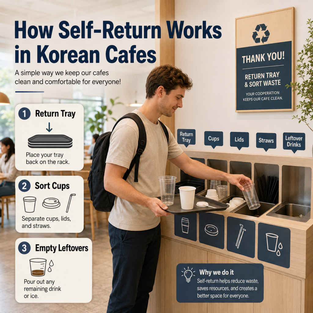 Foreign customer returning a tray and sorting cups at a Korean cafe self-return station