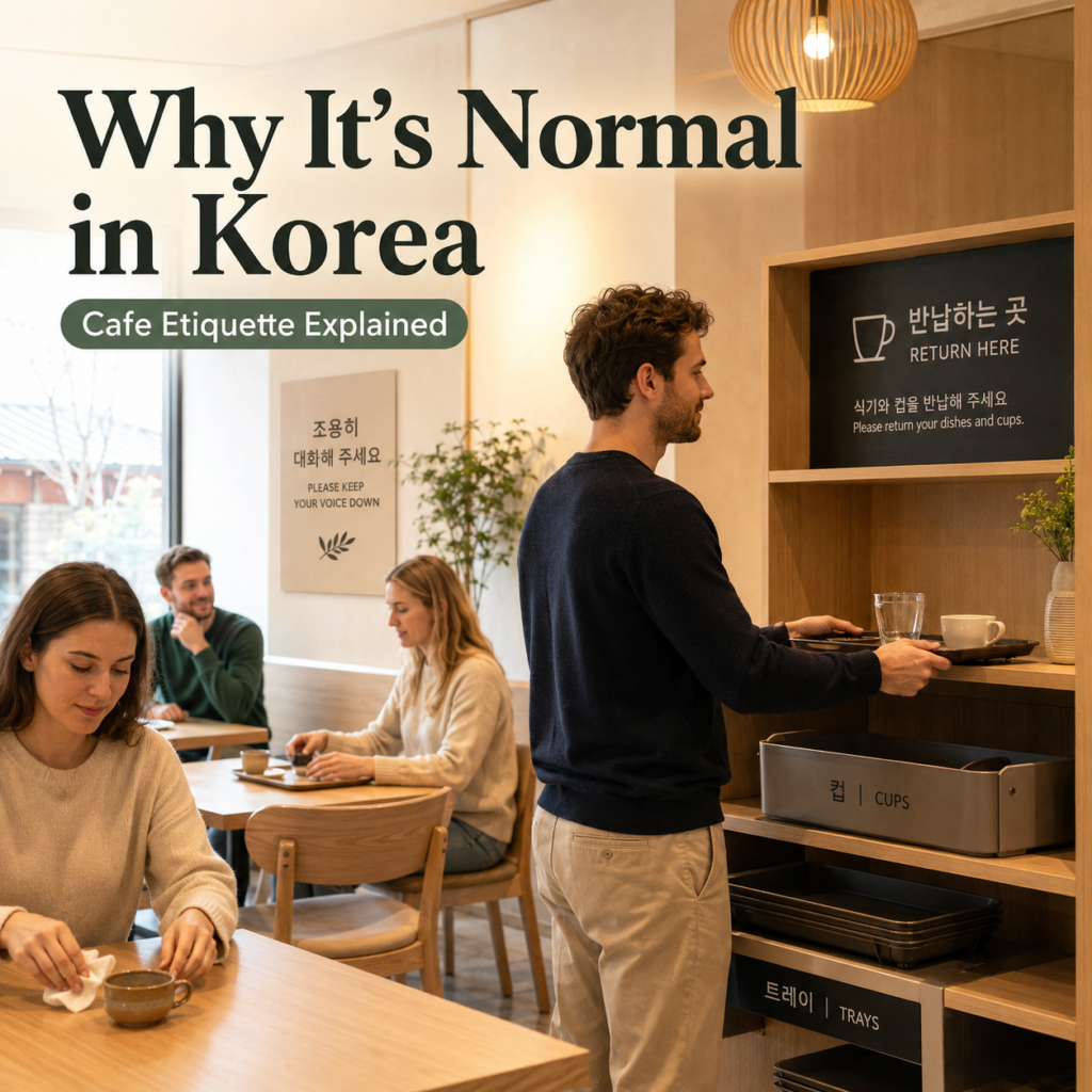 Foreign customers following self-return etiquette in a Korean cafe