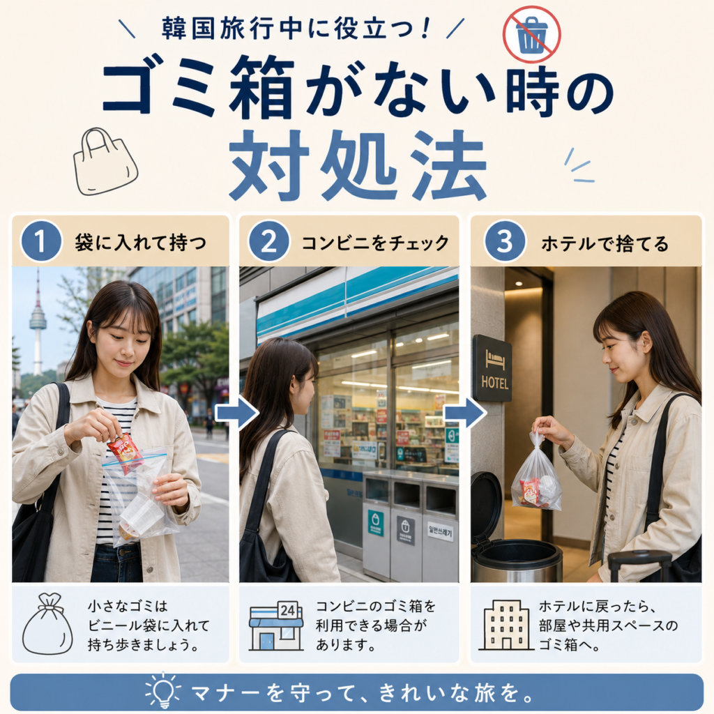 韓国でゴミ箱がない時に袋へ入れて持ち歩く日本人旅行者