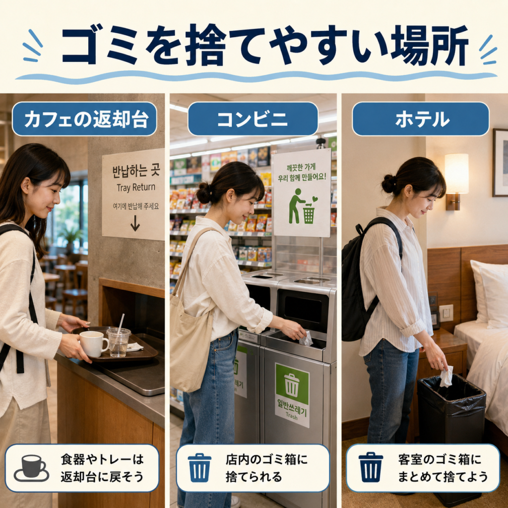 韓国のカフェ返却台やホテルでゴミを処理する日本人旅行者