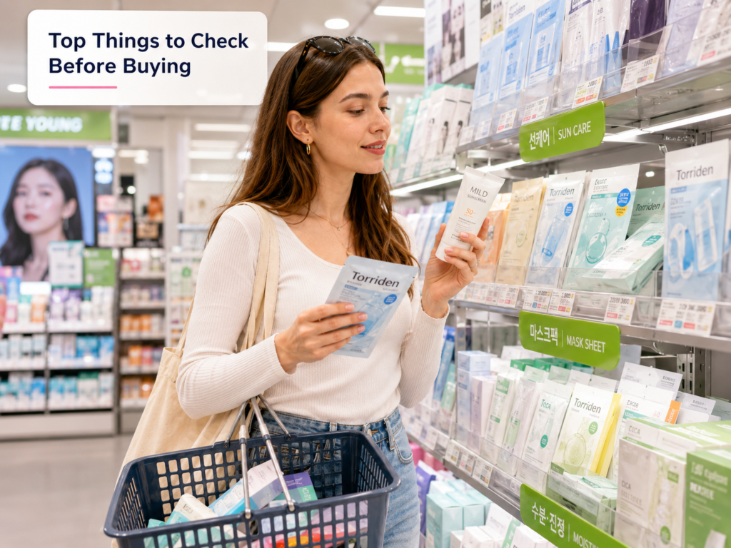 Foreign traveler comparing skincare products at Olive Young in Korea