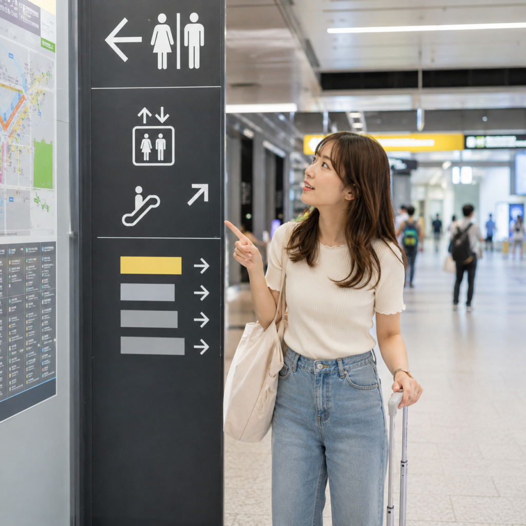 韓国の地下鉄駅や大型商業施設でトイレの案内を確認する日本人旅行者