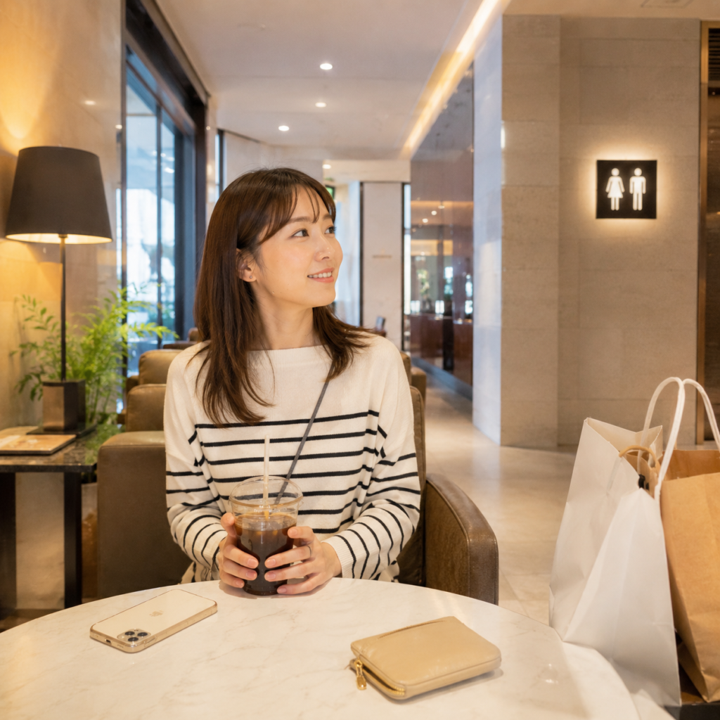 韓国のカフェやホテルで安心して休憩しながらトイレを利用する日本人旅行者