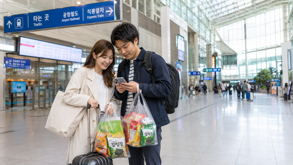 ソウル駅で買い物後に仁川空港へ向かう動線を確認する日本人旅行者のイメージ