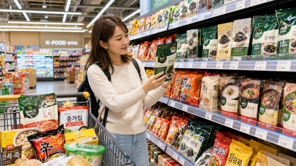 ソウルの大型マートで韓国のお土産を選ぶ日本人女性旅行者のイメージ