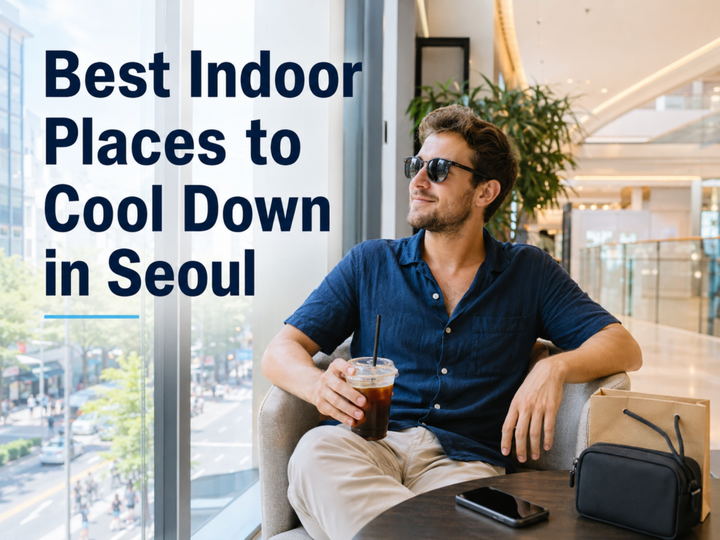 Foreign traveler cooling down inside a cafe or shopping mall in Seoul