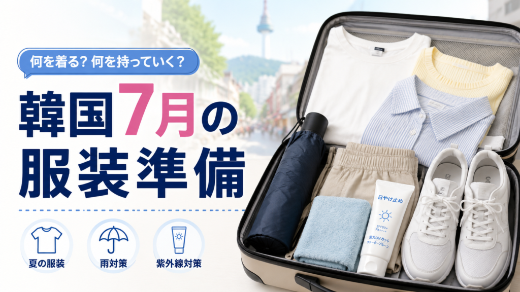韓国旅行の7月に必要な湿気と雨対策アイテムを並べたブログ用画像