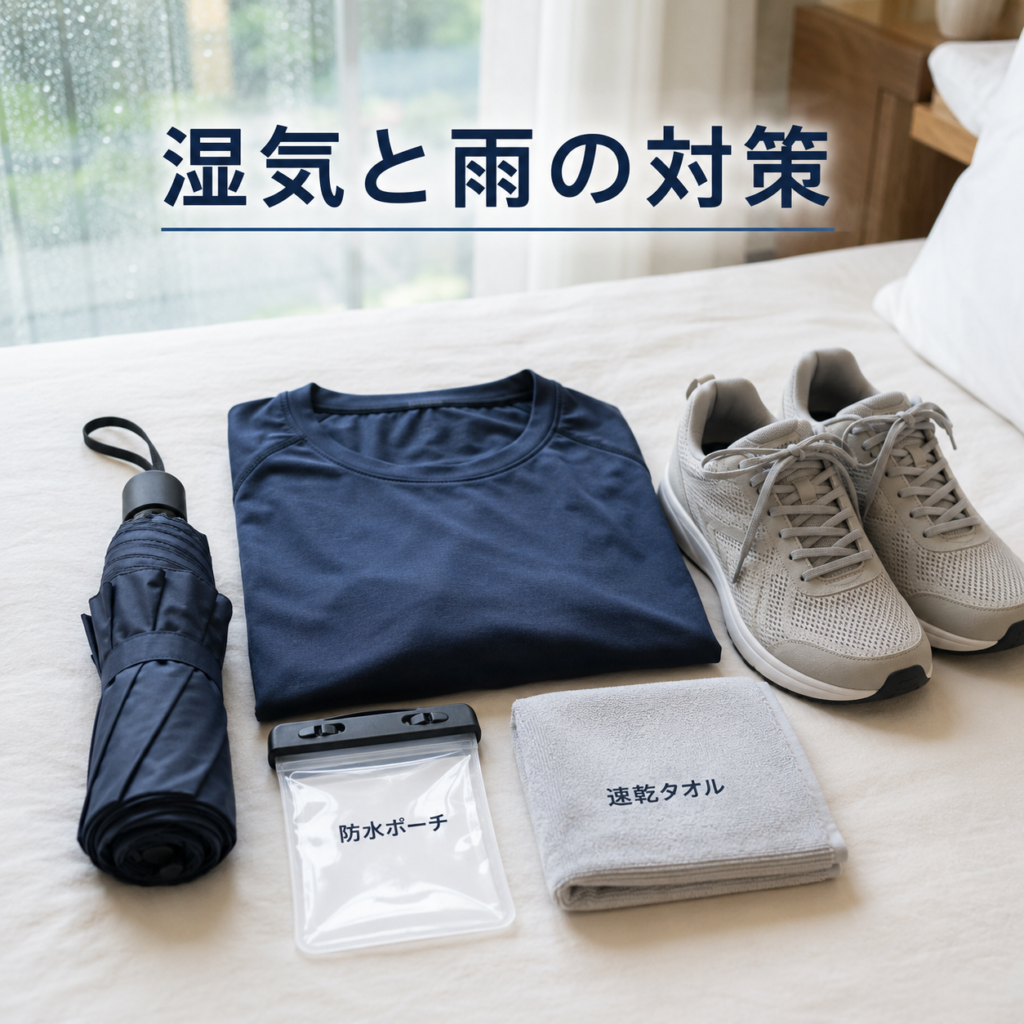 韓国旅行の7月に必要な湿気と雨対策アイテムを並べたブログ用画像