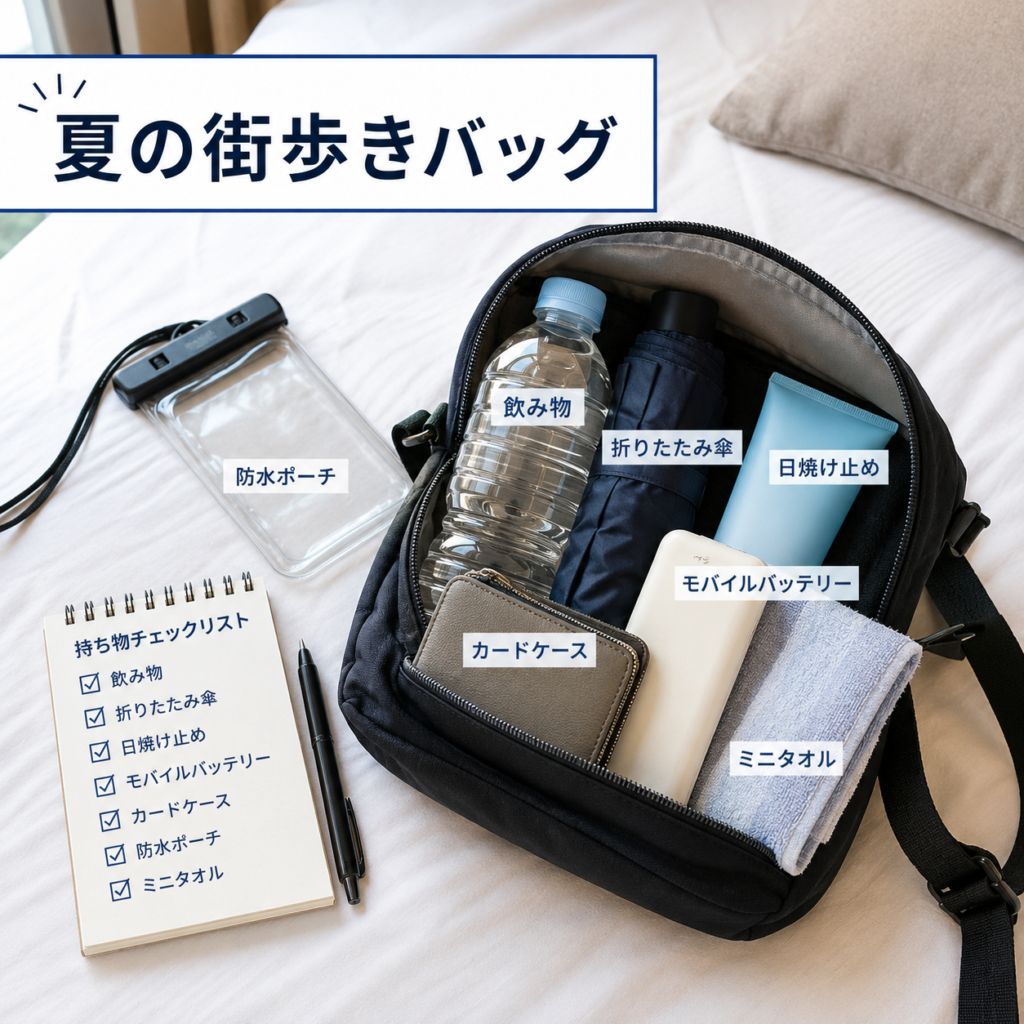 7月の韓国旅行で街歩きに便利なバッグの中身をまとめたブログ用画像
