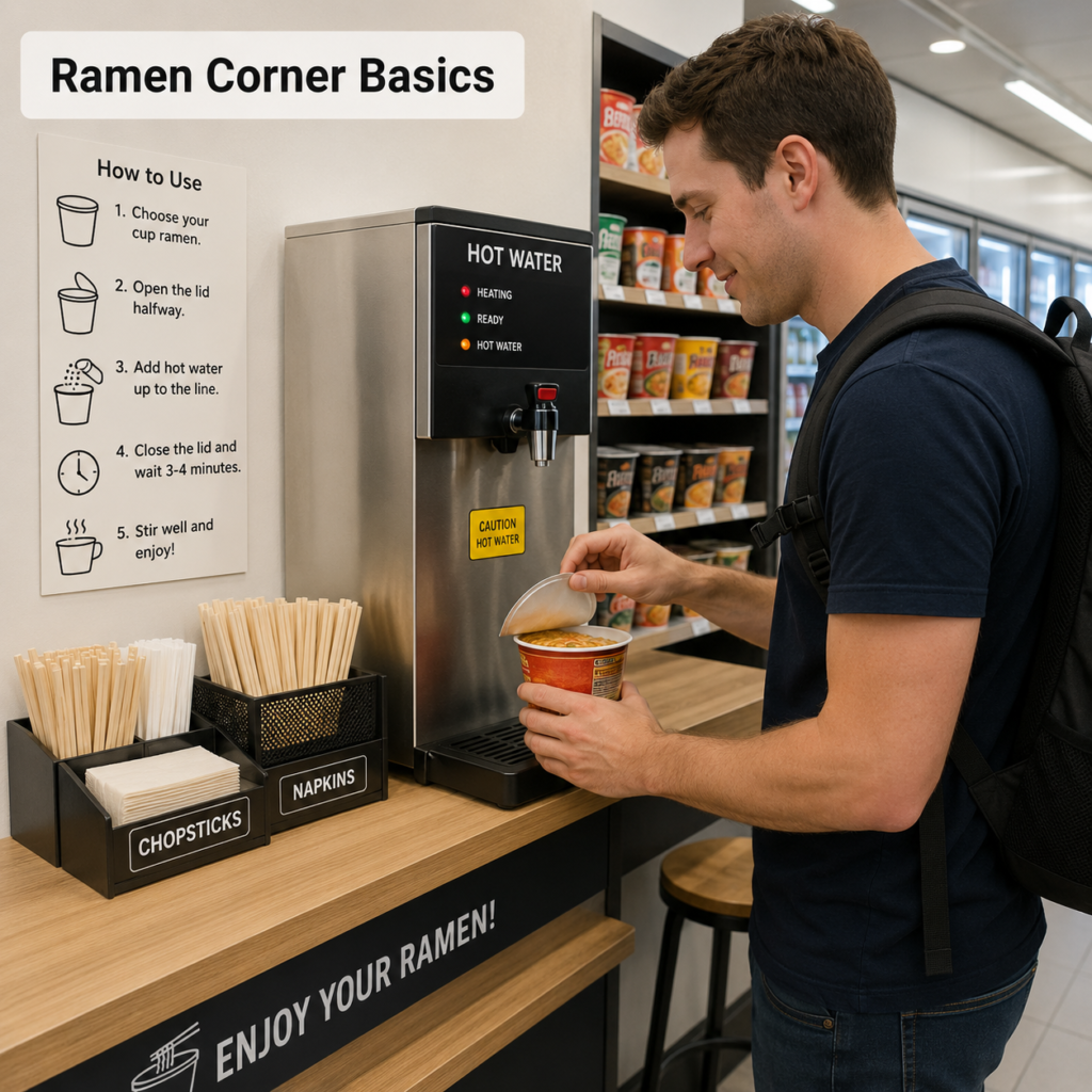 A Korean convenience store ramen corner with hot water, cup noodles, and a clean eating counter