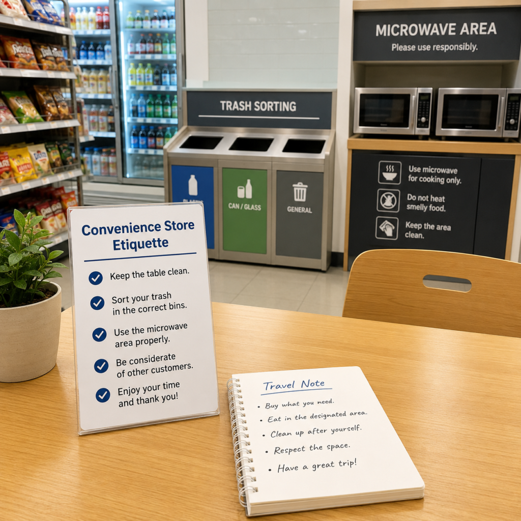 A practical checklist showing Korean convenience store etiquette for foreign tourists