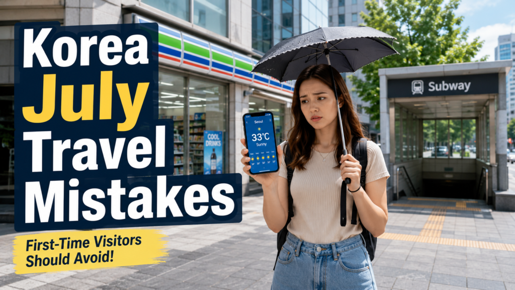 A summer Korea travel thumbnail showing common July mistakes for first-time visitors