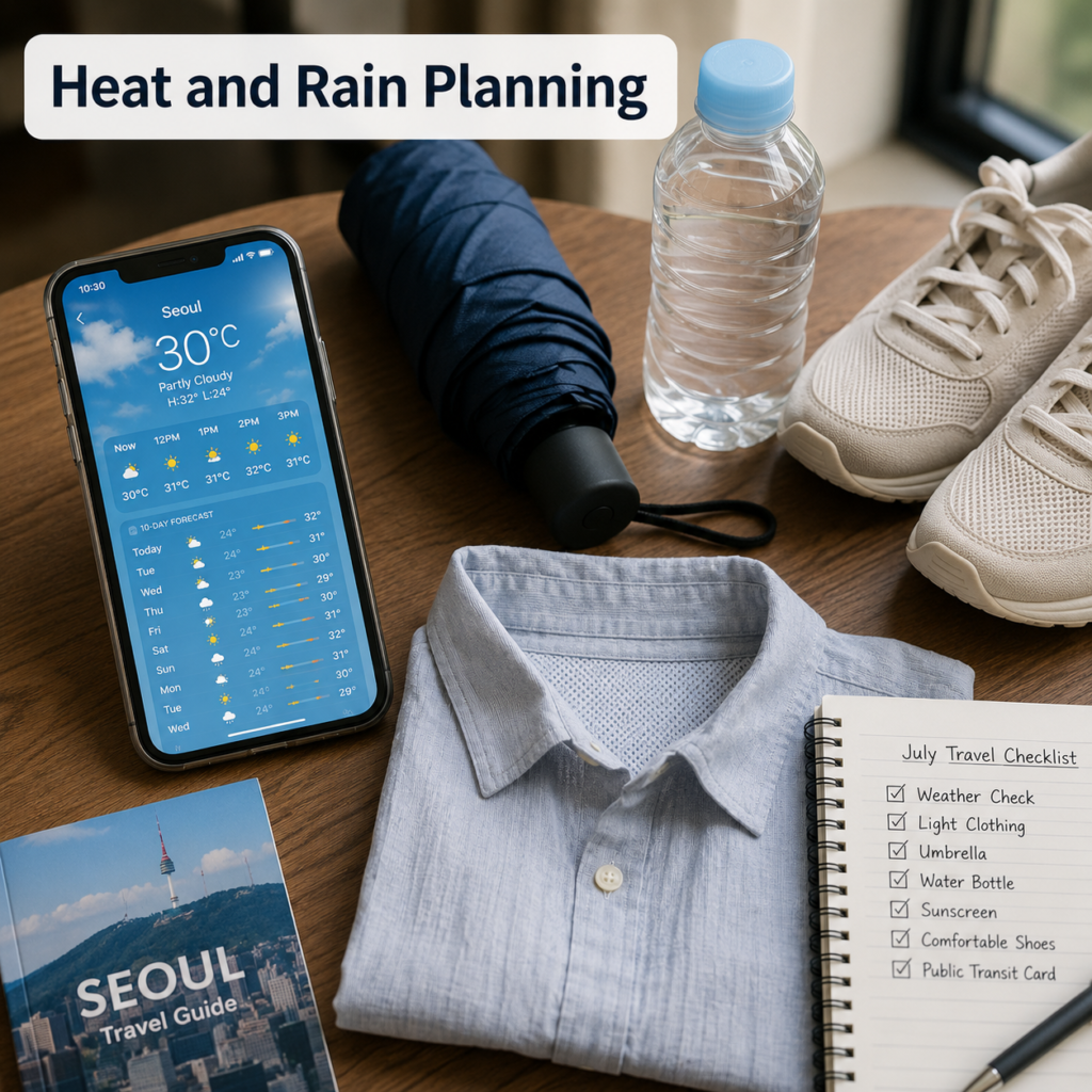 A realistic image showing a traveler planning for heat and rain during a July trip to Korea