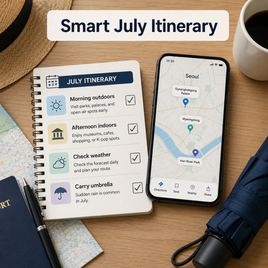 A checklist-style image showing how to plan a smart July itinerary for Korea