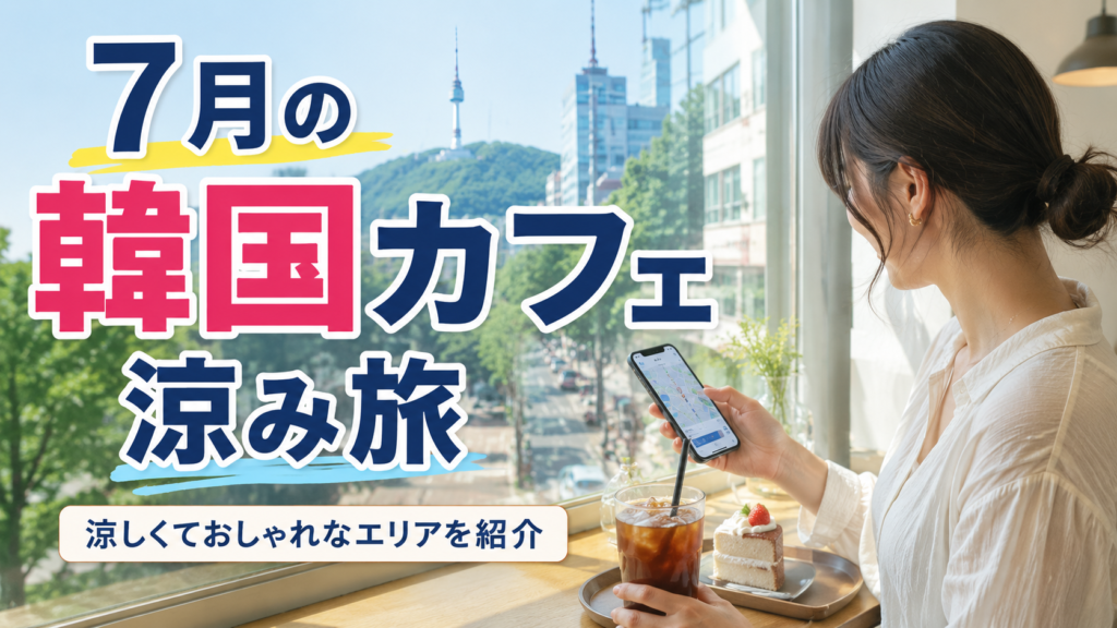 7月の韓国旅行でカフェに入り涼みながら街歩きする様子