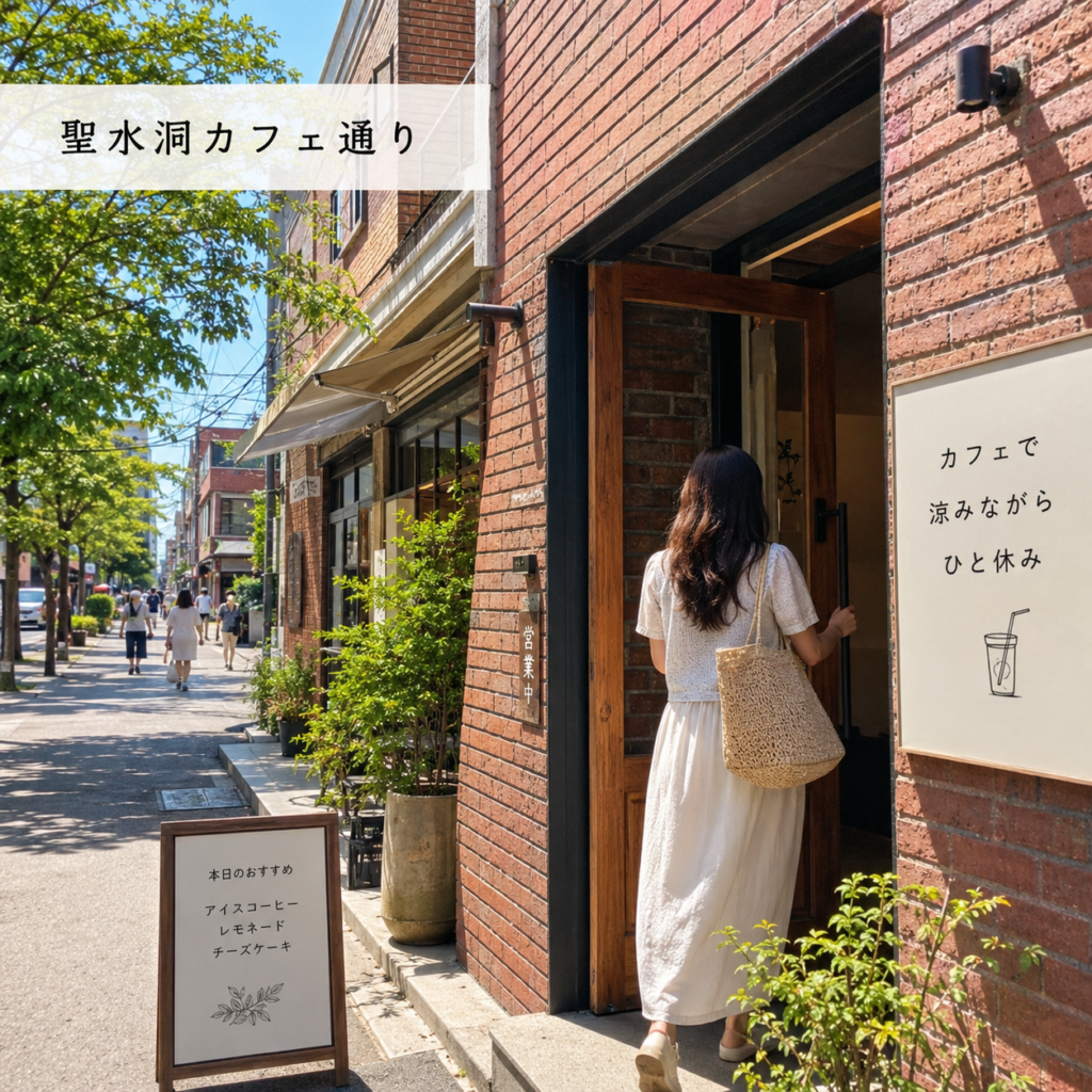 夏の聖水洞カフェ通りで涼めるカフェを探す旅行者のイメージ