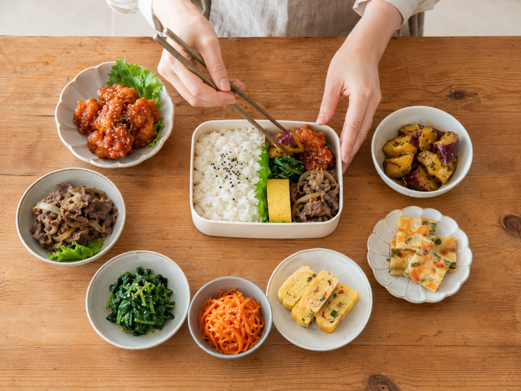 冷めてもおいしい韓国風お弁当おかず7品。ヤンニョムチキン、プルコギ、ナムル、ケランマリを比較