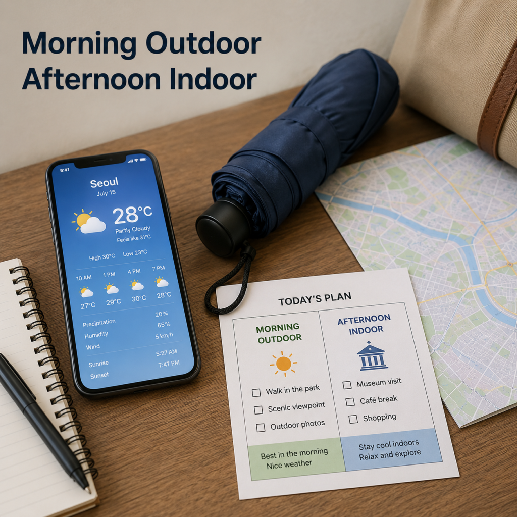 A Korea July itinerary showing outdoor sightseeing in the morning and indoor activities in the afternoon