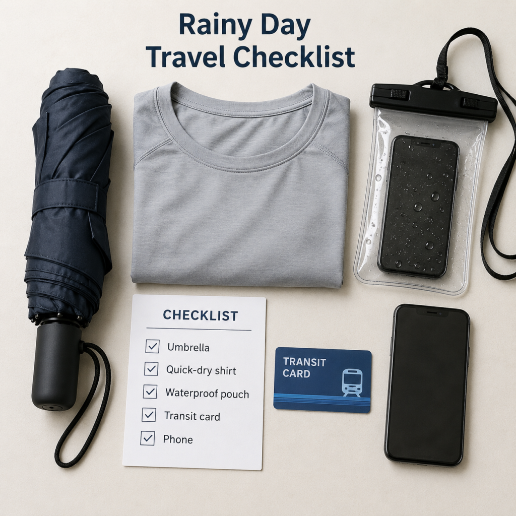 A rainy day Korea travel checklist with umbrella, quick-dry clothes, waterproof pouch, and indoor backup plan