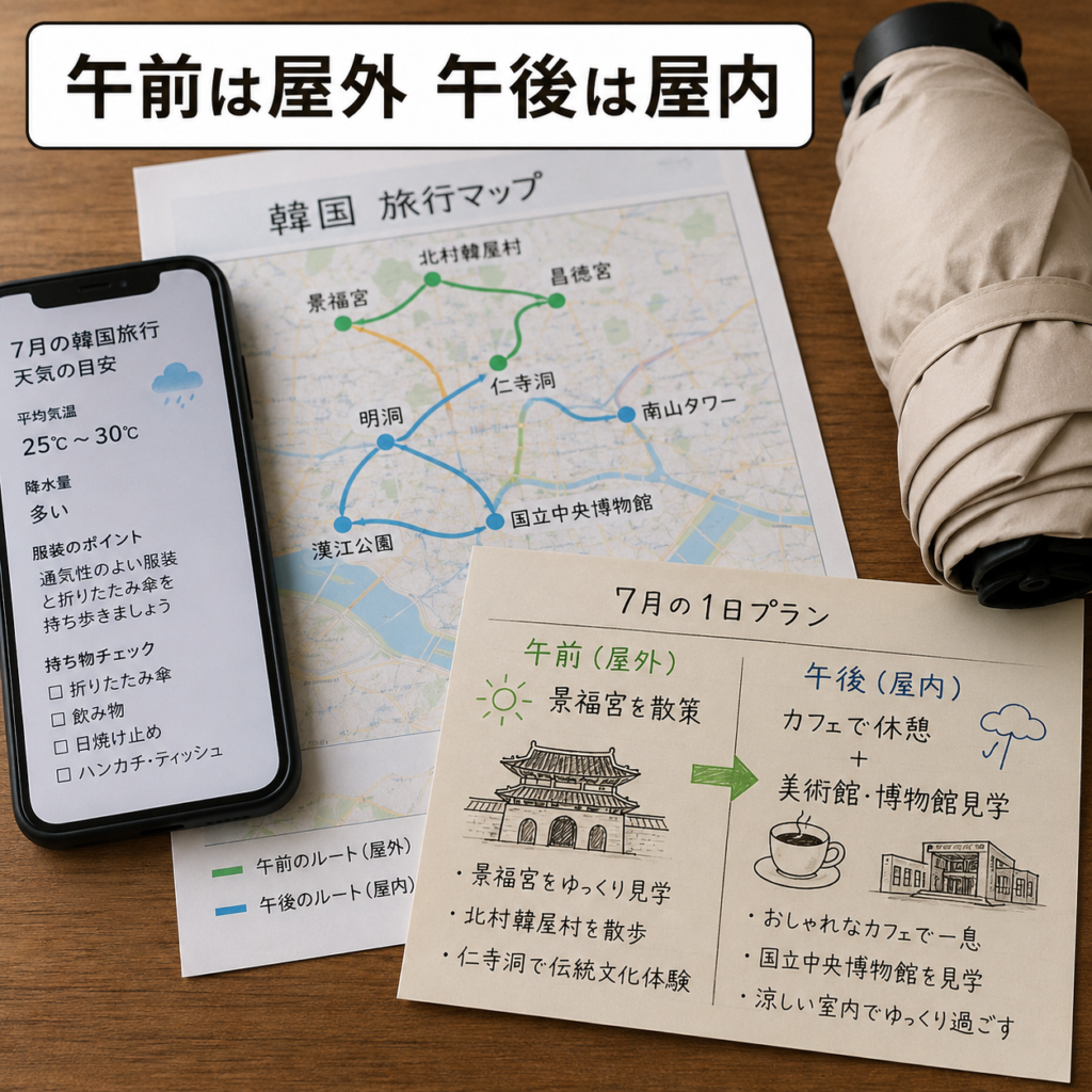 7月の韓国旅行で午前は屋外観光、午後は屋内観光にする計画を表した画像